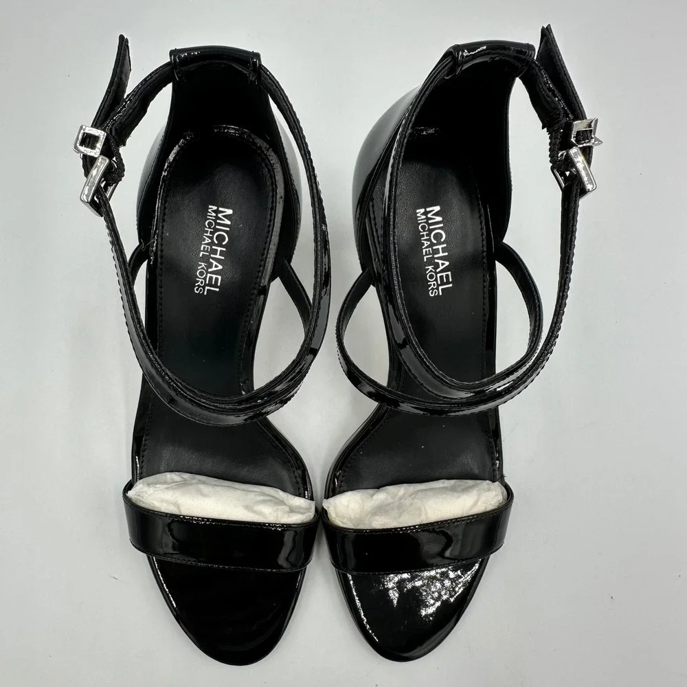 Michael Kors Ava Mid Sandal wmns 6 Black Patent Leather Stiletto Heel Sleek Chic